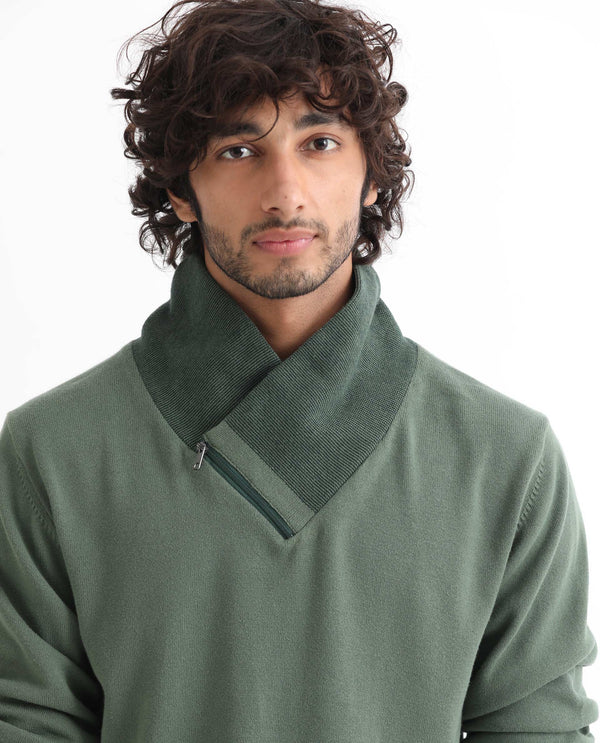 Rare Rabbit Mens Denver Dark Green Sweater Cotton Fabric Cowl Neck Woven Full Sleeves Zipper Closure Regular Fit