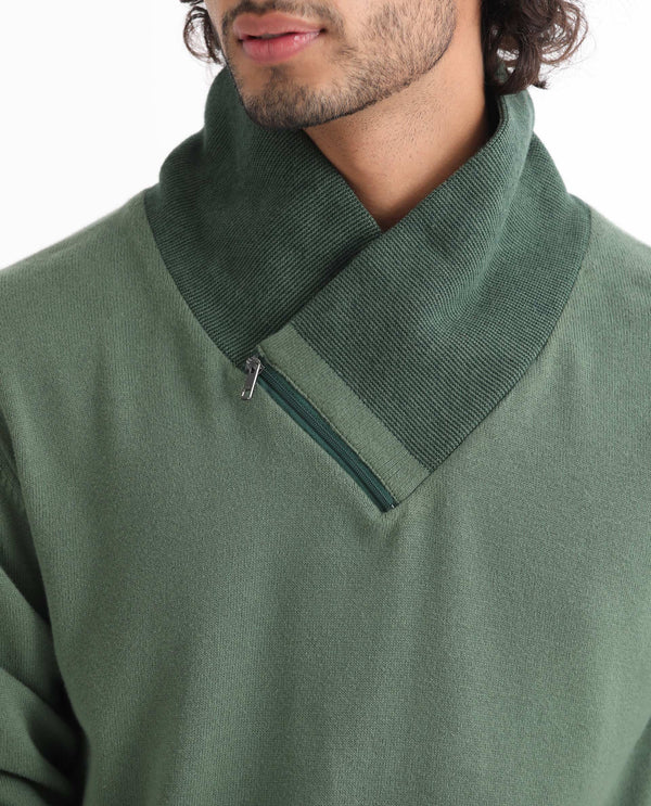 Rare Rabbit Mens Denver Dark Green Sweater Cotton Fabric Cowl Neck Woven Full Sleeves Zipper Closure Regular Fit