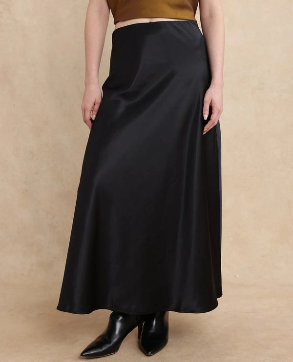 Rareism Women Derep-B Black Satin Zipper Closure Straight Fit Ankle Length Plain Skirt
