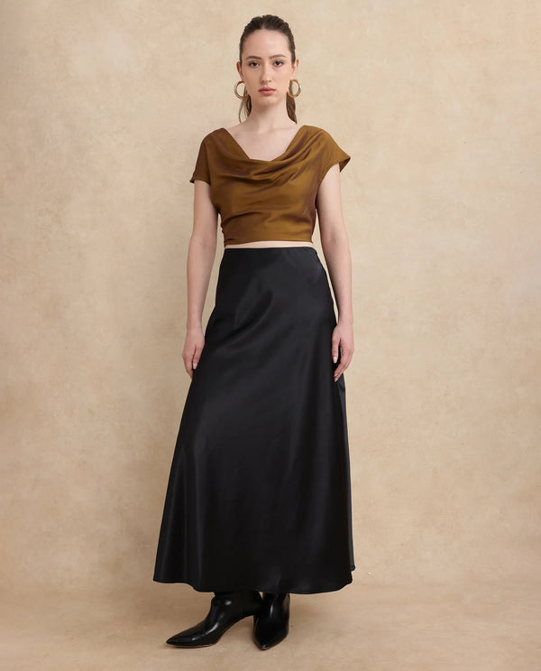 Rareism Women Derep-B Black Satin Zipper Closure Straight Fit Ankle Length Plain Skirt