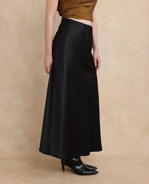 Rareism Women Derep-B Black Satin Zipper Closure Straight Fit Ankle Length Plain Skirt
