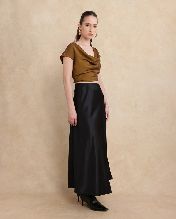 Rareism Women Derep-B Black Satin Zipper Closure Straight Fit Ankle Length Plain Skirt