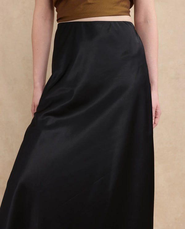 Rareism Women Derep-B Black Satin Zipper Closure Straight Fit Ankle Length Plain Skirt