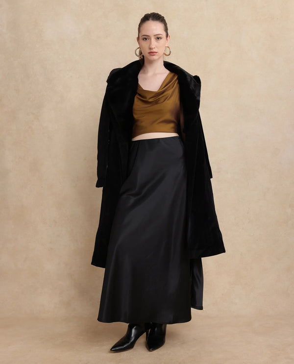 Rareism Women Derep-B Black Satin Zipper Closure Straight Fit Ankle Length Plain Skirt