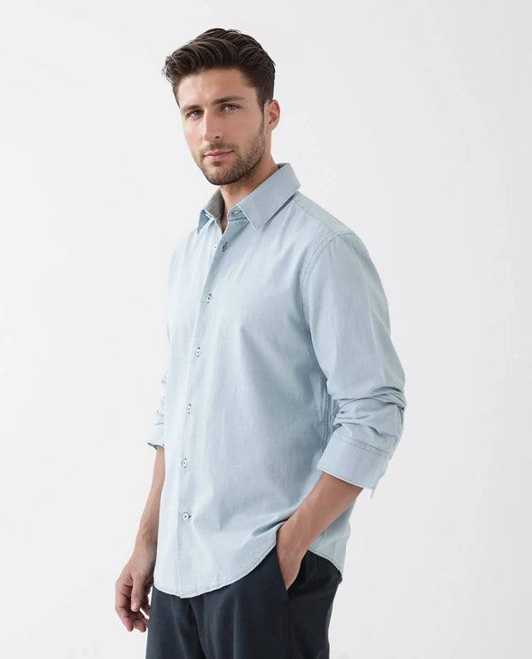 Rare Rabbit Men's Derry Blue Cotton Fabric Full Sleeve Button Closure Regular Fit Plain Shirt