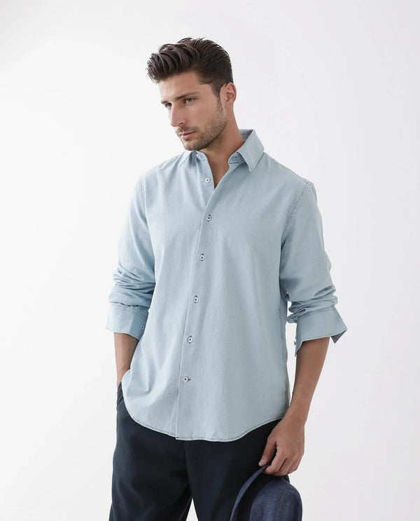 Rare Rabbit Men's Derry Blue Cotton Fabric Full Sleeve Button Closure Regular Fit Plain Shirt