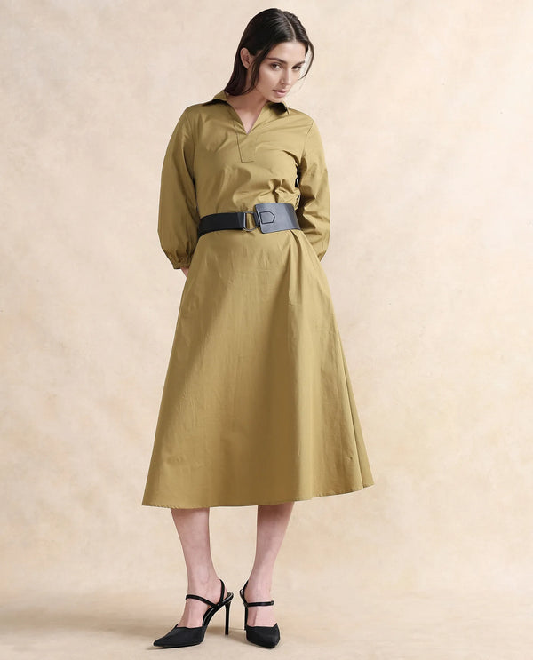 Rareism Women Desal Olive Cotton Blend Fabric Bishop Sleeve Collared Neck Flared Fit Midi Plain Dress