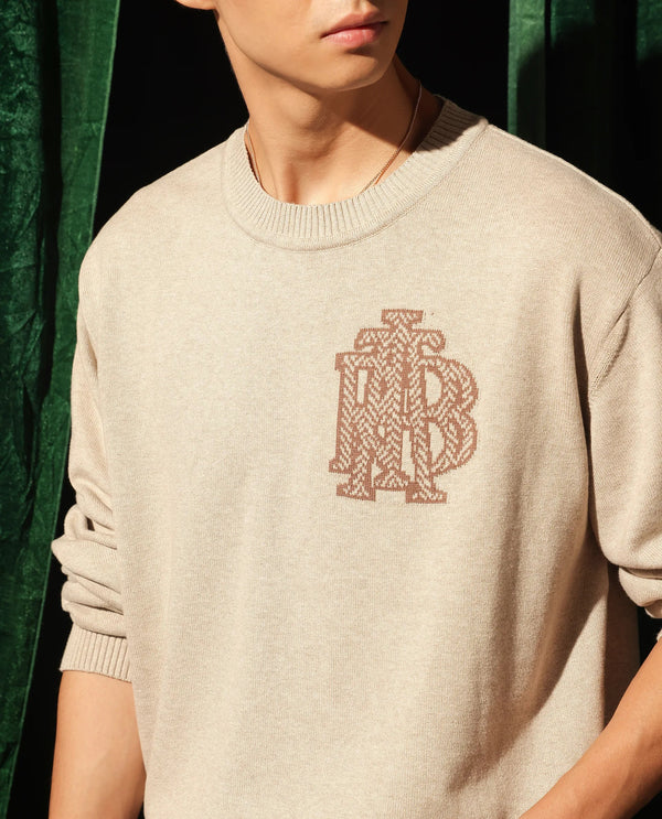 Rare Rabbit Men's Destin Beige Cotton Fabric Full Sleeve Crew Neck Jacquard Sweater