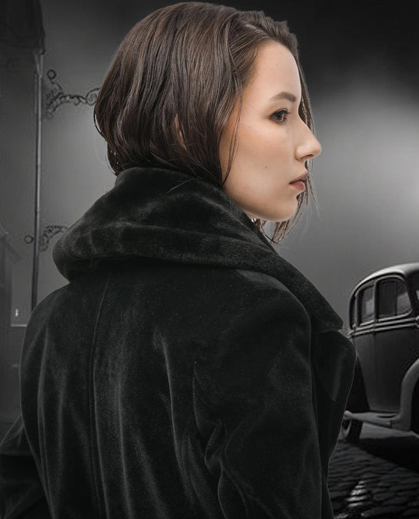 Rareism Women Teich Black Polyester Fabric Full Sleeves Button Closure Lapel Neck Regular Fit Plain Knee Length Jacket
