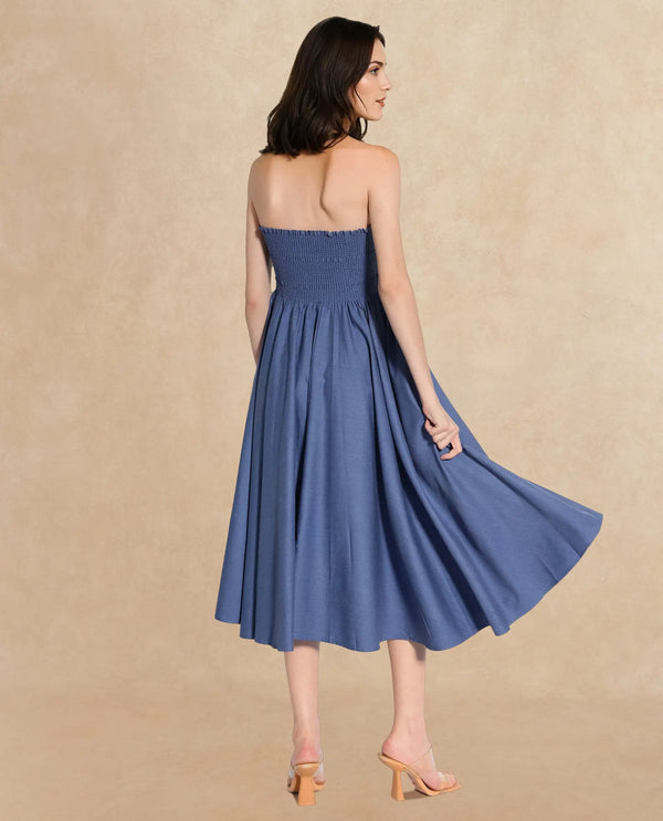 Rareism Women Detreve Dark Blue Sleeveless Tube Neck Fit And Flare Plain Midi Dress
