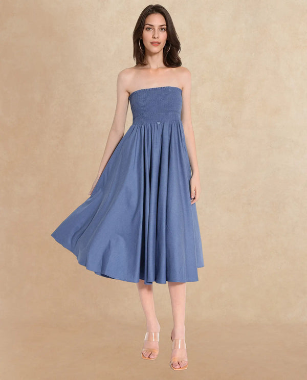 Rareism Women Detreve Dark Blue Sleeveless Tube Neck Fit And Flare Plain Midi Dress
