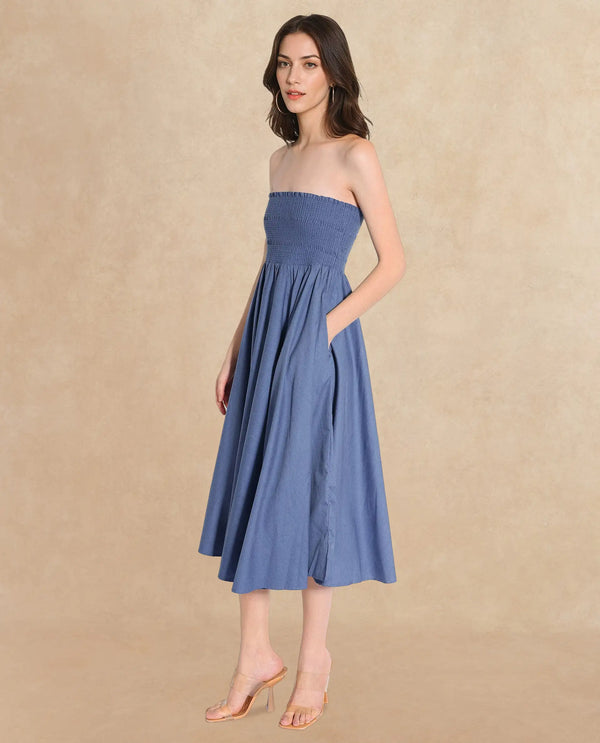 Rareism Women Detreve Dark Blue Sleeveless Tube Neck Fit And Flare Plain Midi Dress