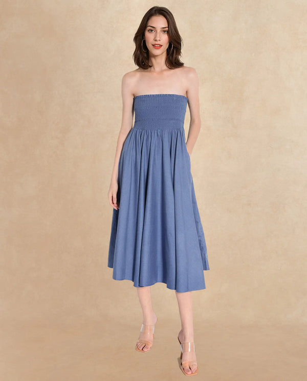 Rareism Women Detreve Dark Blue Sleeveless Tube Neck Fit And Flare Plain Midi Dress