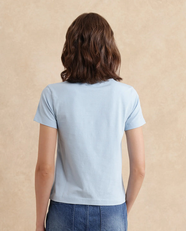 Rareism Women Detti Light Blue Cotton Blend Fabric Short Sleeve Crew Neck Graphic Print T-Shirt
