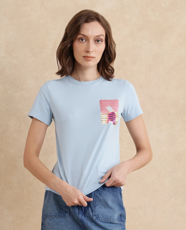 Rareism Women Detti Light Blue Cotton Blend Fabric Short Sleeve Crew Neck Graphic Print T-Shirt