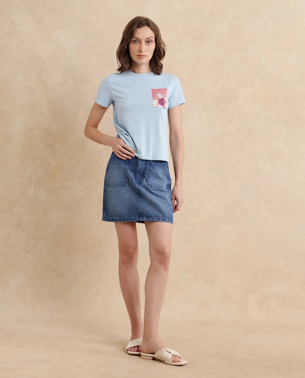 Rareism Women Detti Light Blue Cotton Blend Fabric Short Sleeve Crew Neck Graphic Print T-Shirt