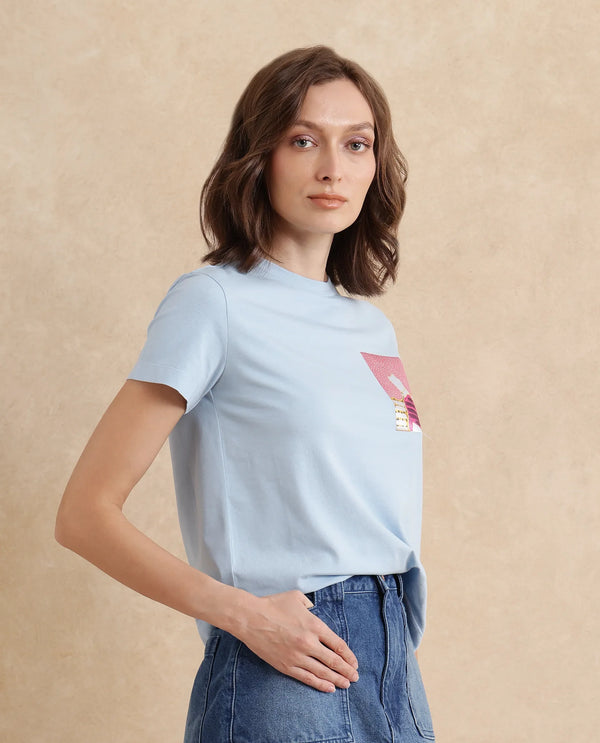 Rareism Women Detti Light Blue Cotton Blend Fabric Short Sleeve Crew Neck Graphic Print T-Shirt