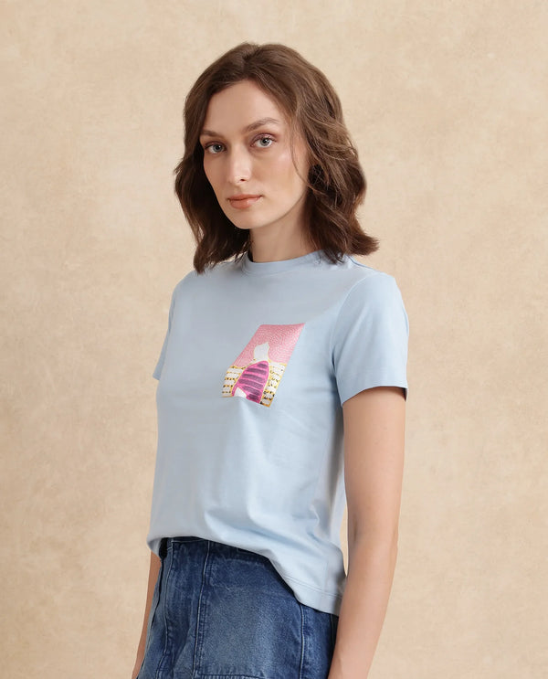 Rareism Women Detti Light Blue Cotton Blend Fabric Short Sleeve Crew Neck Graphic Print T-Shirt