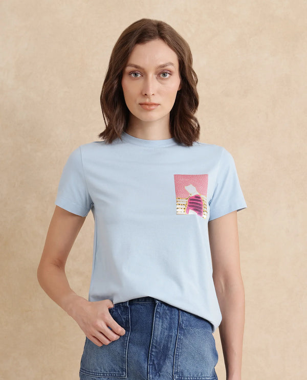 Rareism Women Detti Light Blue Cotton Blend Fabric Short Sleeve Crew Neck Graphic Print T-Shirt
