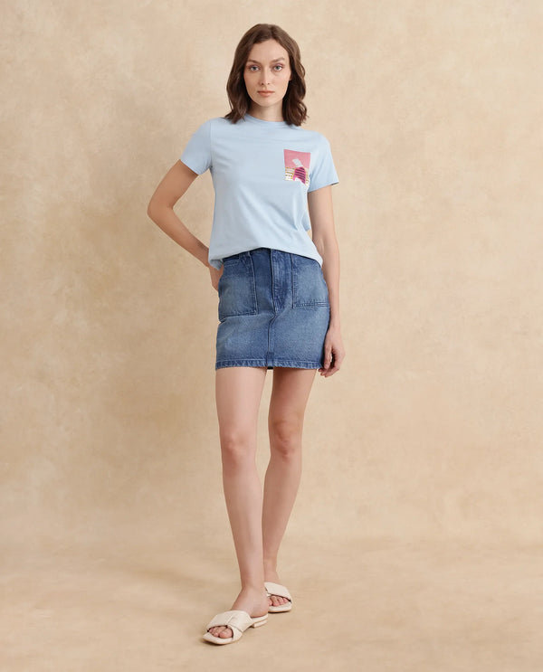 Rareism Women Detti Light Blue Cotton Blend Fabric Short Sleeve Crew Neck Graphic Print T-Shirt