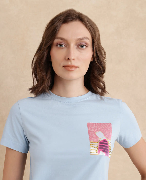Rareism Women Detti Light Blue Cotton Blend Fabric Short Sleeve Crew Neck Graphic Print T-Shirt