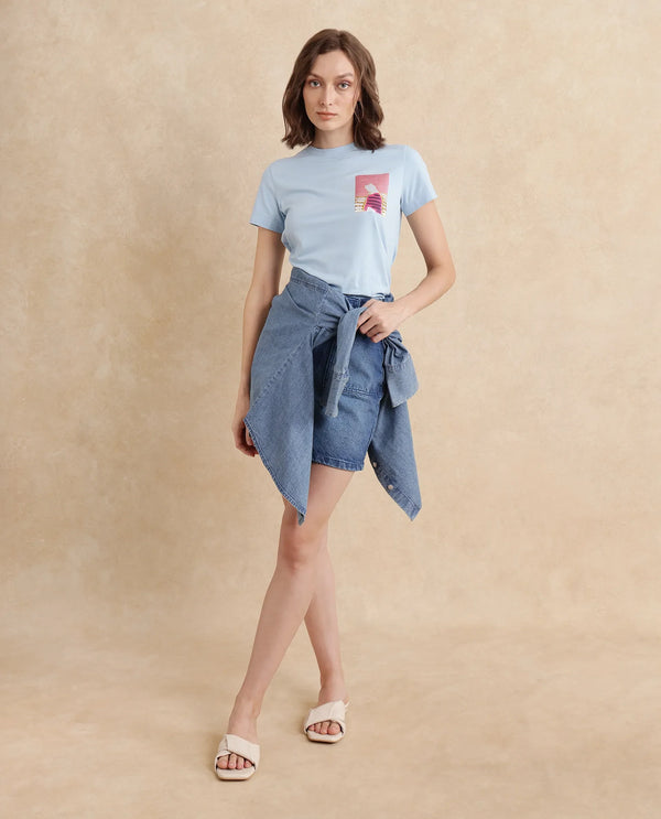 Rareism Women Detti Light Blue Cotton Blend Fabric Short Sleeve Crew Neck Graphic Print T-Shirt