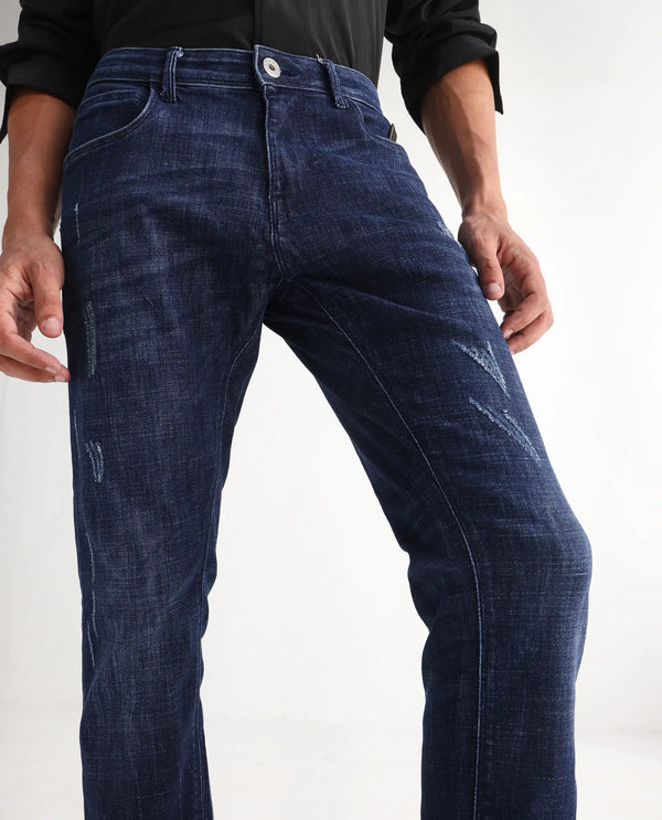 Rare Rabbit Mens Devin Blue Cotton Polyester Dark Wash Slim Fit Jeans