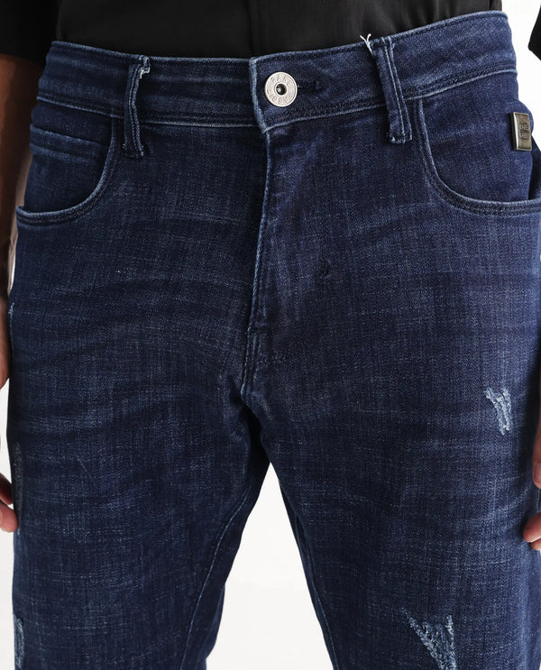 Rare Rabbit Mens Devin Blue Cotton Polyester Dark Wash Slim Fit Jeans