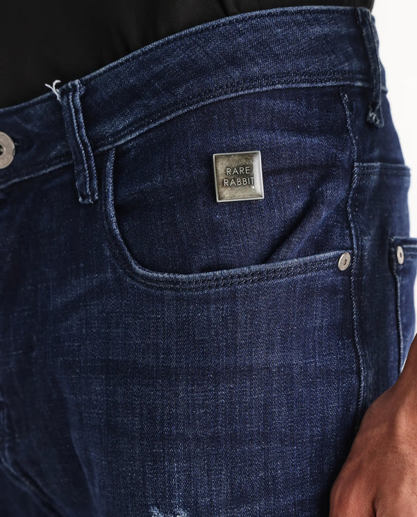 Rare Rabbit Mens Devin Blue Cotton Polyester Dark Wash Slim Fit Jeans