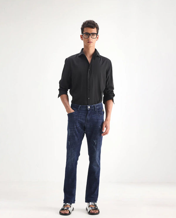 Rare Rabbit Mens Devin Blue Cotton Polyester Dark Wash Slim Fit Jeans