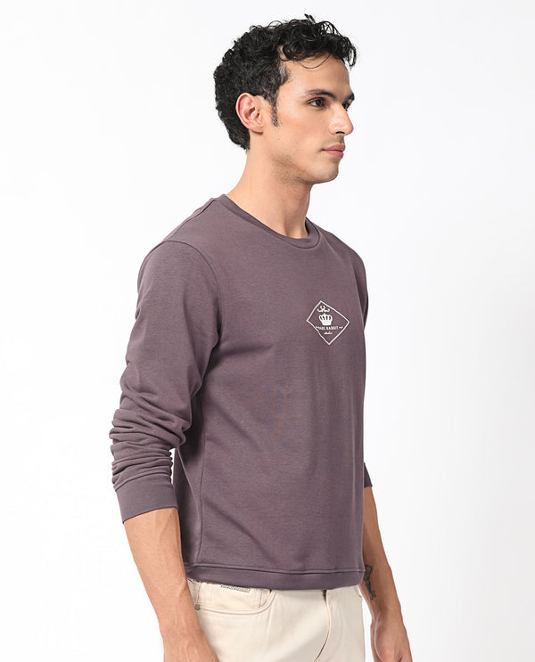 Rare Rabbit Men's Devonn Purple Cotton Polyester Fabric Full Sleeves Logo Graphic Print Knitted Sweatshirt