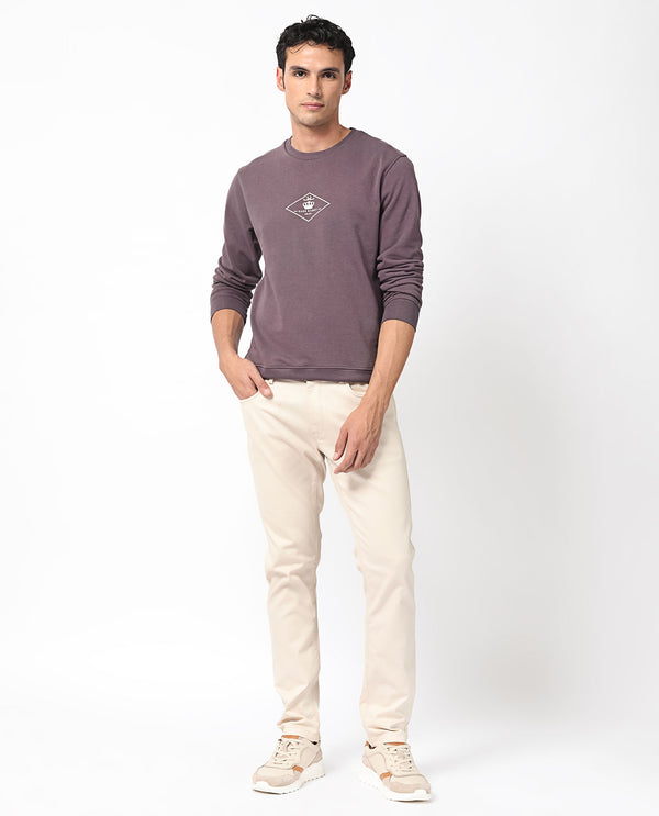 Rare Rabbit Men's Devonn Purple Cotton Polyester Fabric Full Sleeves Logo Graphic Print Knitted Sweatshirt