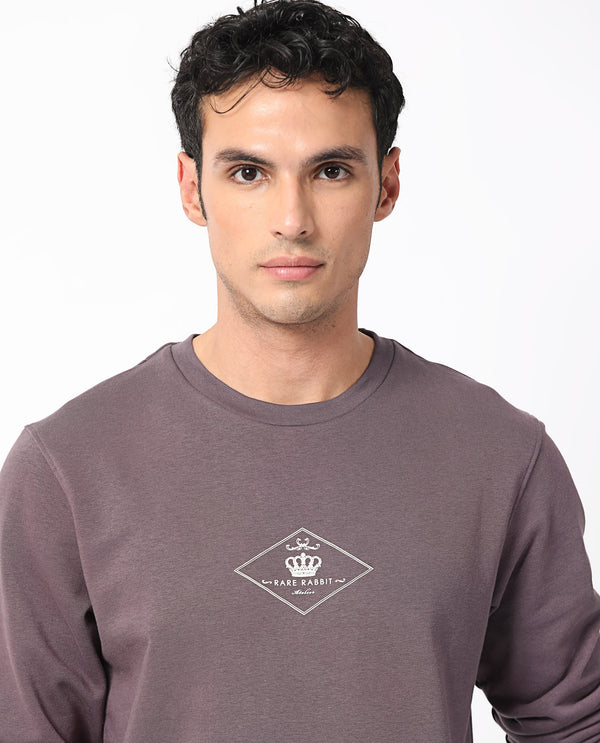 Rare Rabbit Men's Devonn Purple Cotton Polyester Fabric Full Sleeves Logo Graphic Print Knitted Sweatshirt