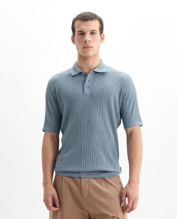 Rare Rabbit Men Devr Dusky Blue Cotton Tencel Fabric Short Sleeve Polo