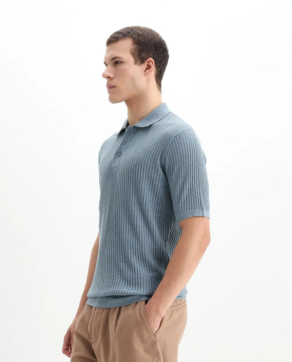 Rare Rabbit Men Devr Dusky Blue Cotton Tencel Fabric Short Sleeve Polo