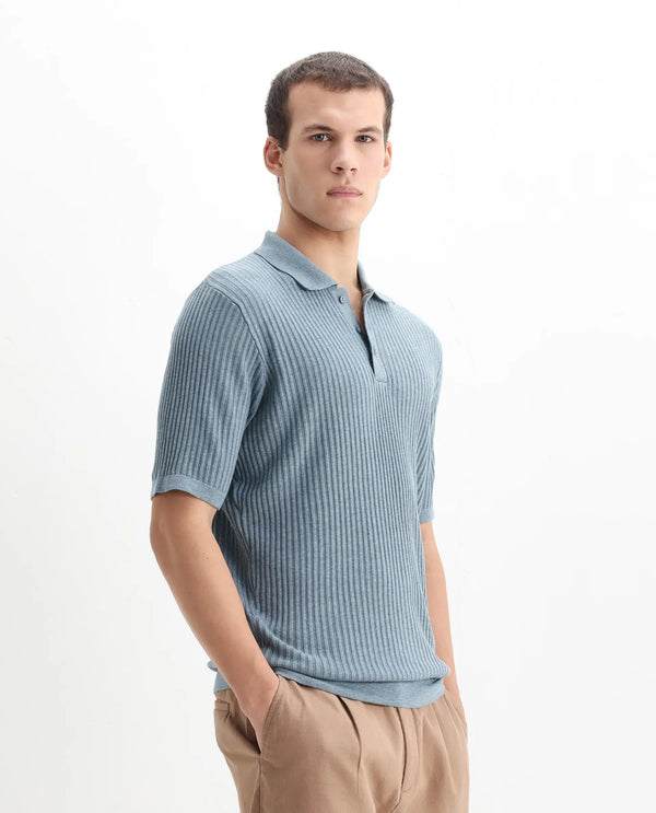 Rare Rabbit Men Devr Dusky Blue Cotton Tencel Fabric Short Sleeve Polo