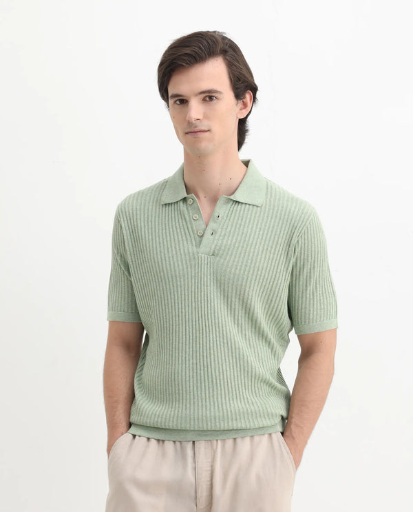 Rare Rabbit Men Devr Light Green Cotton Tencel Fabric Short Sleeve Button Closure Textured Polo