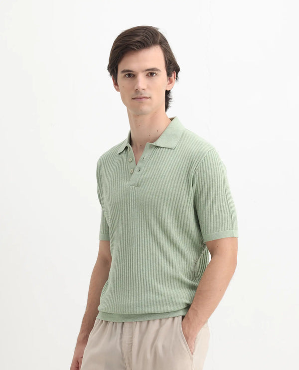Rare Rabbit Men Devr Light Green Cotton Tencel Fabric Short Sleeve Button Closure Textured Polo