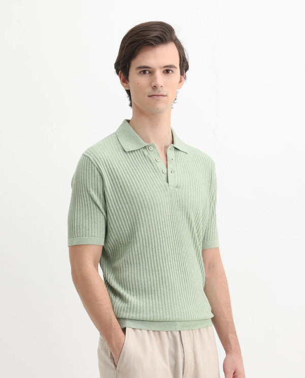 Rare Rabbit Men Devr Light Green Cotton Tencel Fabric Short Sleeve Button Closure Textured Polo