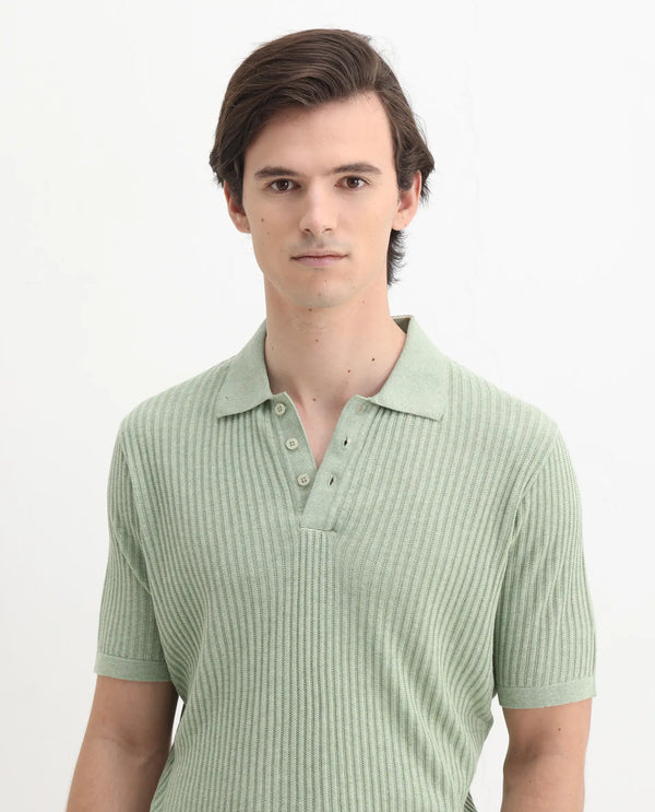 Rare Rabbit Men Devr Light Green Cotton Tencel Fabric Short Sleeve Button Closure Textured Polo