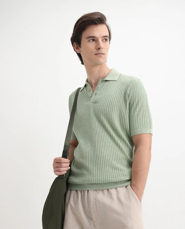 Rare Rabbit Men Devr Light Green Cotton Tencel Fabric Short Sleeve Button Closure Textured Polo