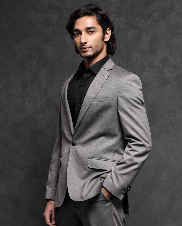 Rare Rabbit Men's Dexter Grey Polyester Viscose Fabric Notch Lapel Button Closure Single Breasted Jacquard Suits