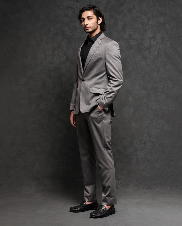 Rare Rabbit Men's Dexter Grey Polyester Viscose Fabric Notch Lapel Button Closure Single Breasted Jacquard Suits
