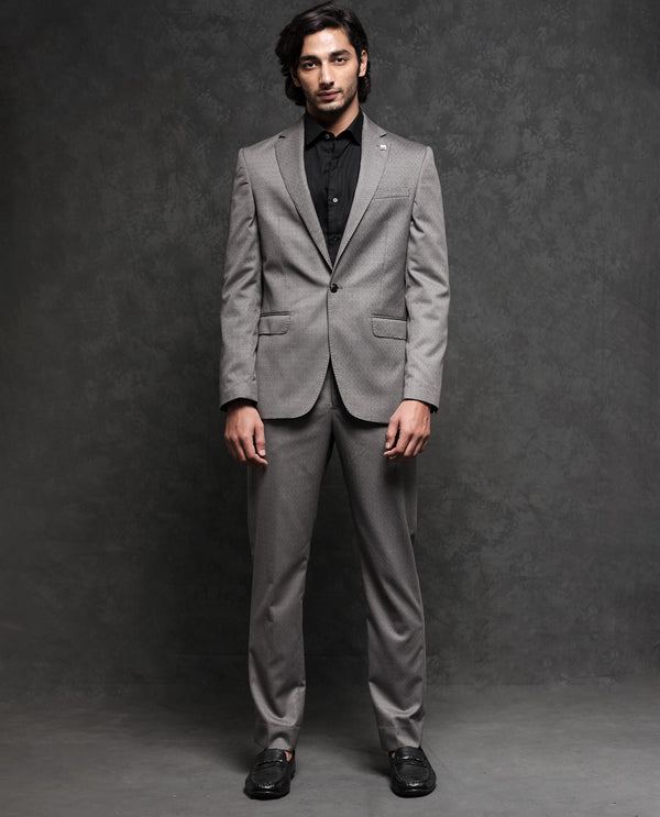 Rare Rabbit Men's Dexter Grey Polyester Viscose Fabric Notch Lapel Button Closure Single Breasted Jacquard Suits