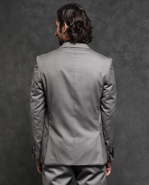 Rare Rabbit Men's Dexter Grey Polyester Viscose Fabric Notch Lapel Button Closure Single Breasted Jacquard Suits