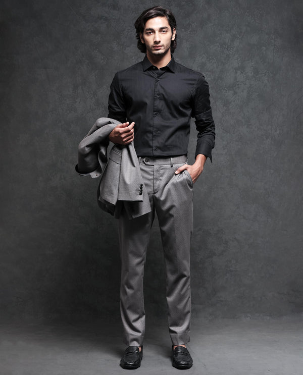Rare Rabbit Men's Dexter Grey Polyester Viscose Fabric Notch Lapel Button Closure Single Breasted Jacquard Suits