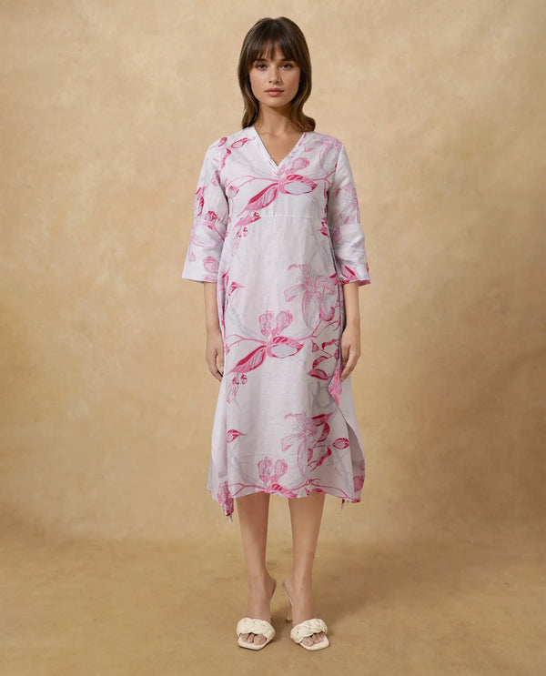 Rareism Women Dherry Pastel Purple Short Sleeve V-Neck A-Line Midi Paisley Print Dress