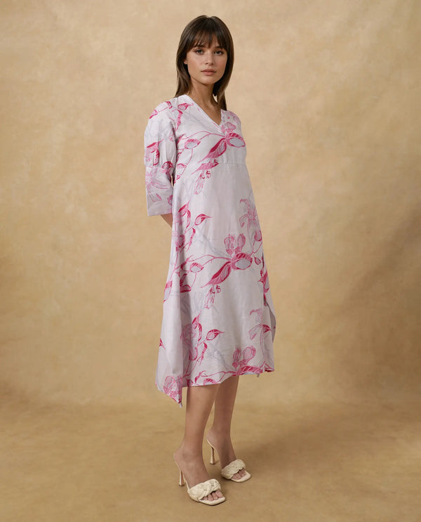 Rareism Women Dherry Pastel Purple Short Sleeve V-Neck A-Line Midi Paisley Print Dress