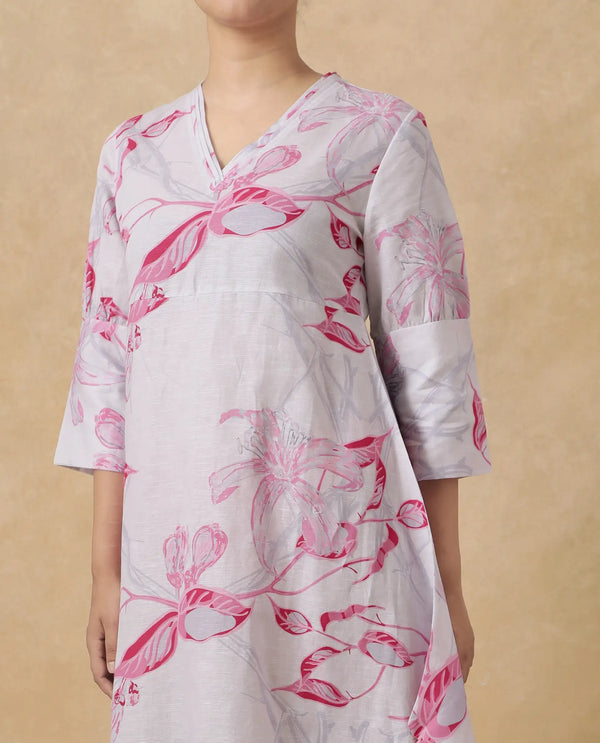 Rareism Women Dherry Pastel Purple Short Sleeve V-Neck A-Line Midi Paisley Print Dress
