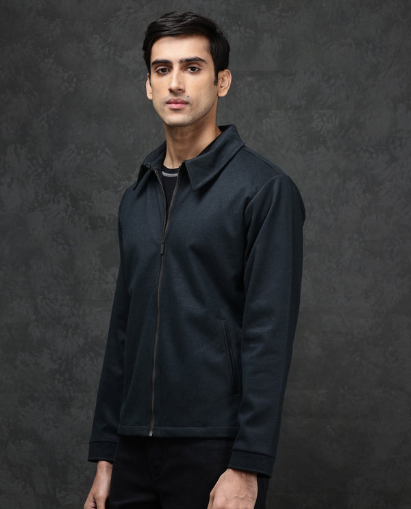 Rare Rabbit Mens Diaz Dark Petrol Collared Neck Full Sleeves Zip Closure Tailored Fit Woven Jacket
